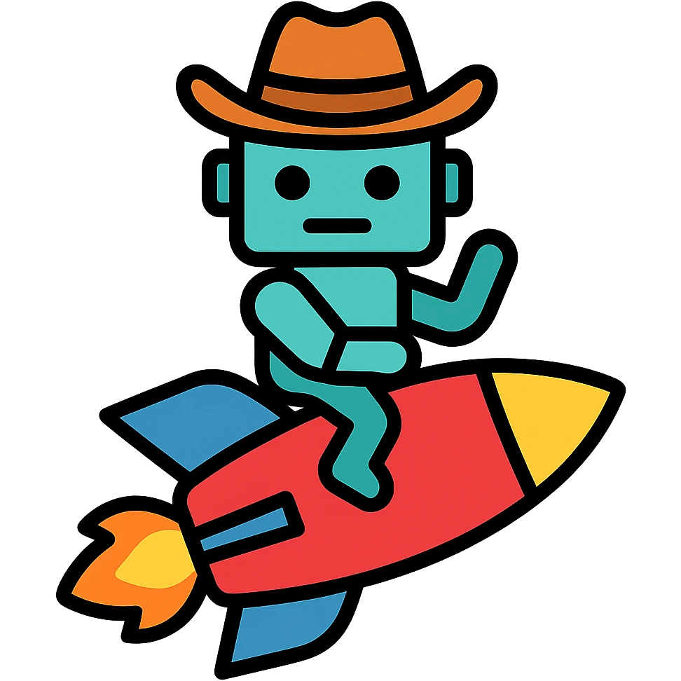 robot wearing a cowboy hat riding a rocket emoji