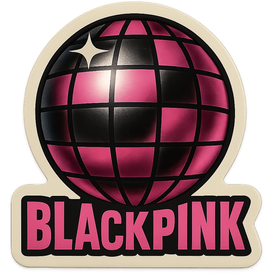BLACKPINK-inspired retro sticker, black and pink disco ball, fun and energetic, vintage sticker style emoji