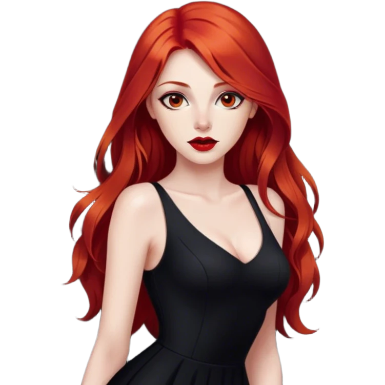 a pretty woman with long red hair and red eyes. The woman wear a black little cutted dress. She have red lipstick and she have a seductive look. She was barefoot emoji