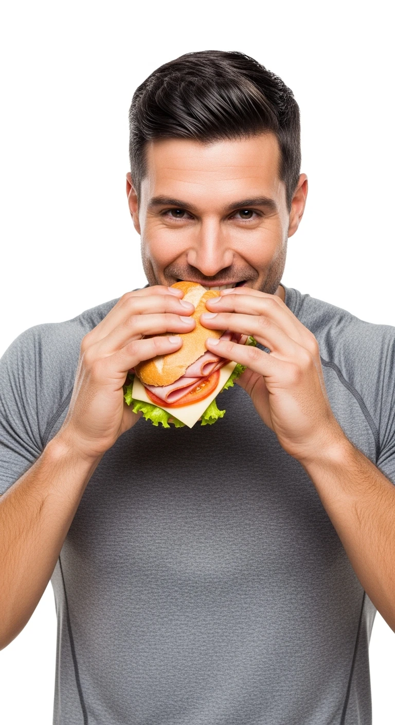 uomo fitness felice con che mangia un panino, sfondo bianco emoji