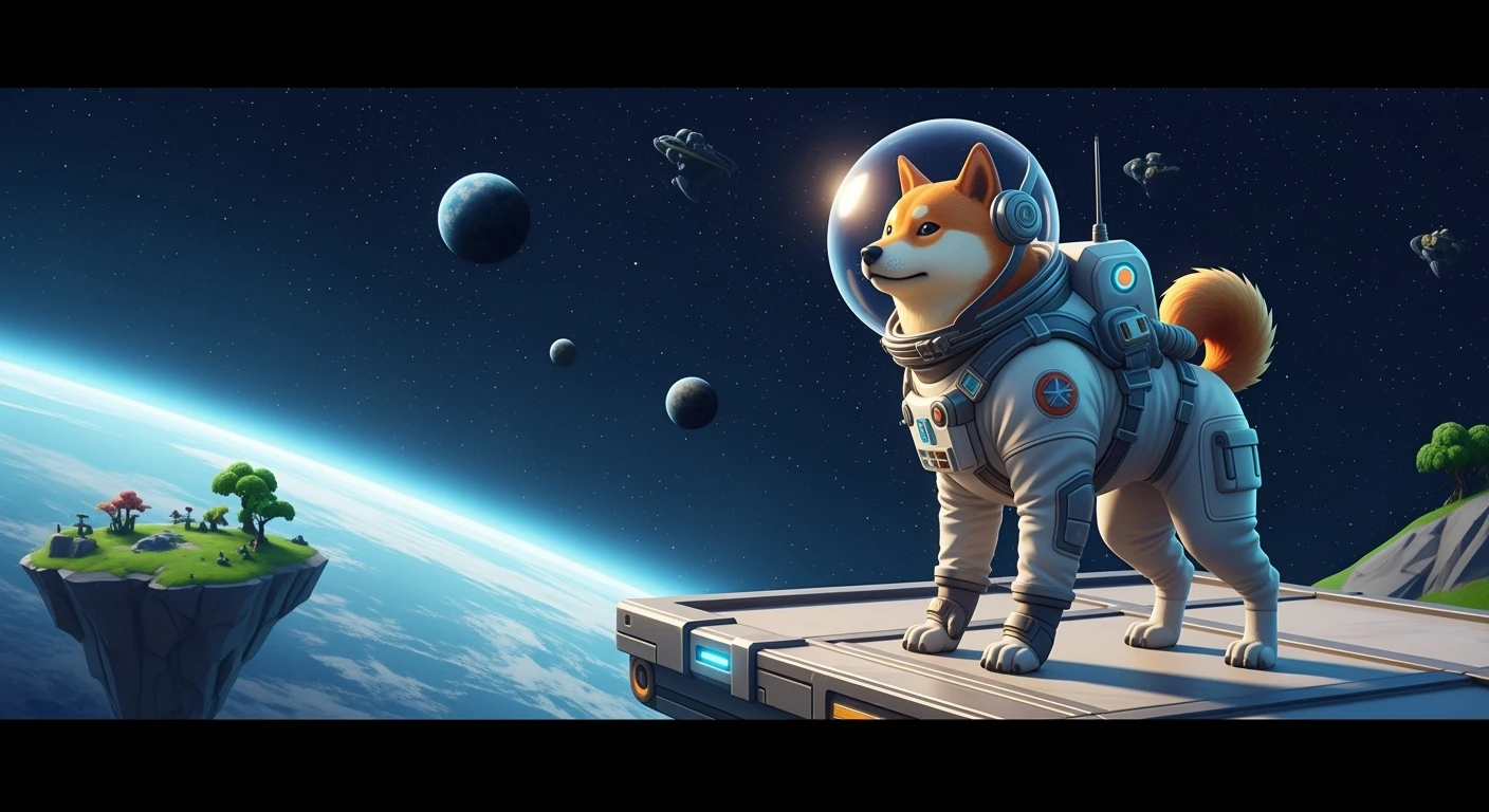 Cinematic still of a dog in fortnite game world in space emoji