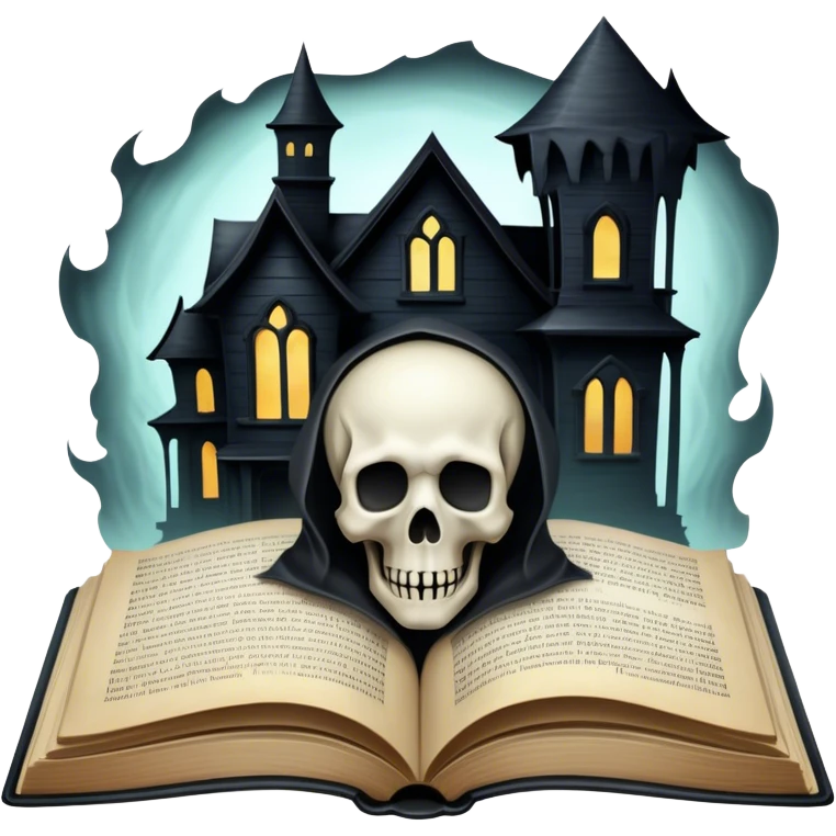 Icon for Horror and Mystery Reading: an open book with eerie, dark pages, a haunted house silhouette, a ghostly figure, and a skull. The icon should capture the suspense, fear, and mystery of horror and supernatural stories. Transparent background. emoji