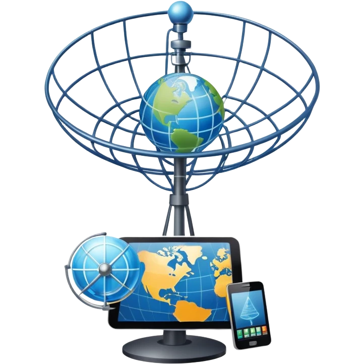 An icon featuring a satellite dish, cell tower with signal waves, and a globe connected by lines, symbolizing telecommunications. The design includes data signals, network nodes, and a mobile device, representing global digital communication. Transparent background emoji