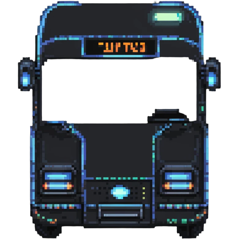 futuristic electric city bus with glowing lights, pixel art style emoji