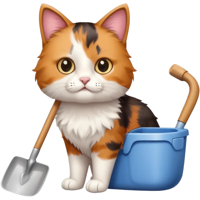 A very cute cat holding a toilet shovel, a litter box beside it emoji