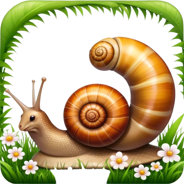 Close-up of large home snails inside a terrarium, showcasing their soft, spiral shells and glistening bodies, with a gentle light highlighting their details. With stones and grass and flowers. Transparent background. emoji