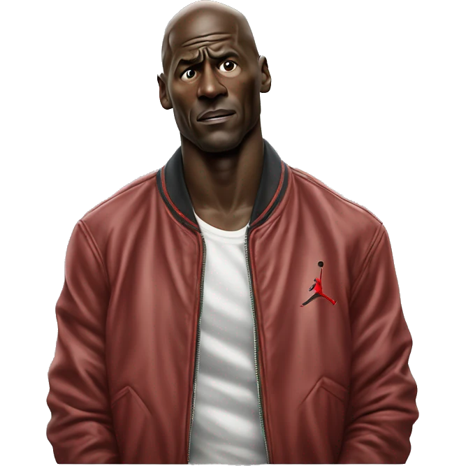 Michael Jordan in a jacket holds his head and is sad photorealistic serious emoji