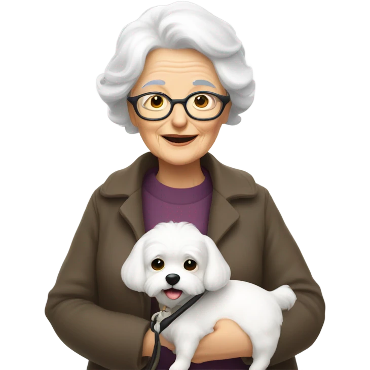 Old lady with white hair walking a little white dog  emoji