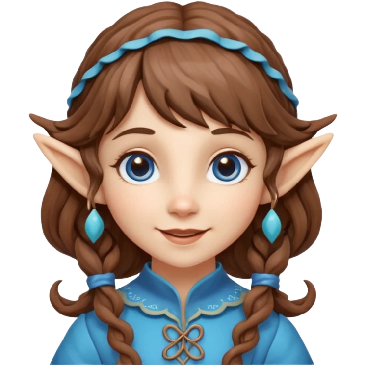 Kind happy whimsical quirky Girl toymaker, wood carving elf. Woodland creator. Blue eyes. brown hair (just below chin length) wavy hair & bangs. Whimsical playful cute emoji