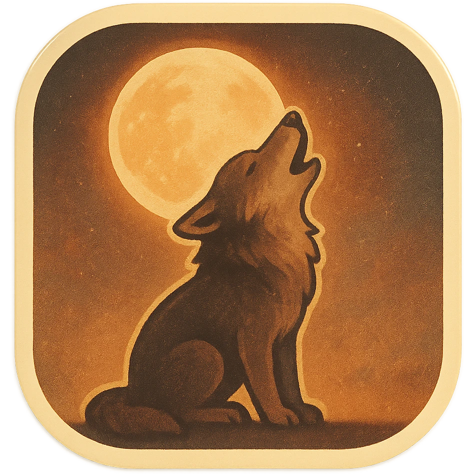 animated howling wolf under a glowing full moon, retro vintage style, cozy acoustic aesthetic, warm muted colors, subtle grain, soft lines, 112x112px, smooth loop, nostalgic analog mood emoji