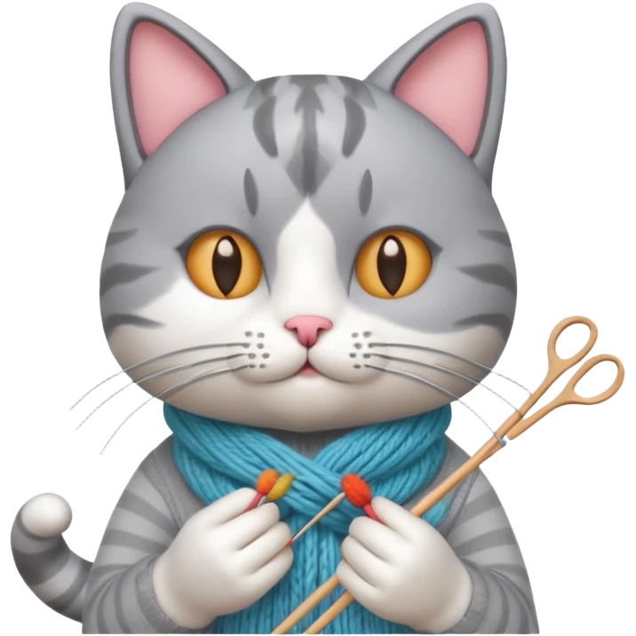 knitting cat portrait, head and shoulders only, cute cat holding knitting needles and yarn, cozy expression, warm handmade vibe, 3D cartoon style, mobile game icon style, clean background, no text, no watermark
 emoji