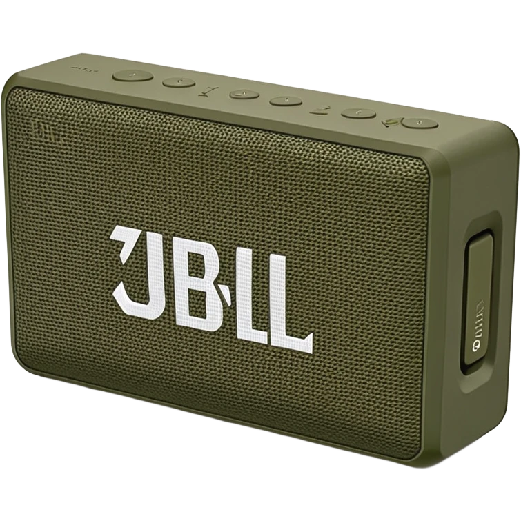 Military green JBL Go 4 portable speaker, compact size, with visible buttons and fabric speaker mesh, khaki colored electronic device emoji