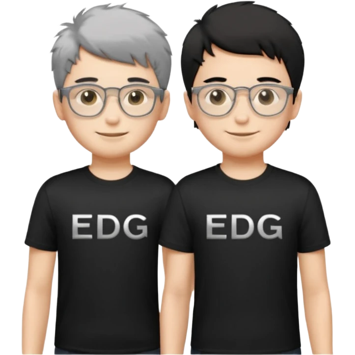 2 boys standing together. oner wearing black t-shirts with the letters 'EDG' fluffy short hair and silver rectangular glasses. the other one has black hair, smiled brightly, no glasses. the one who has no glasses is taller emoji