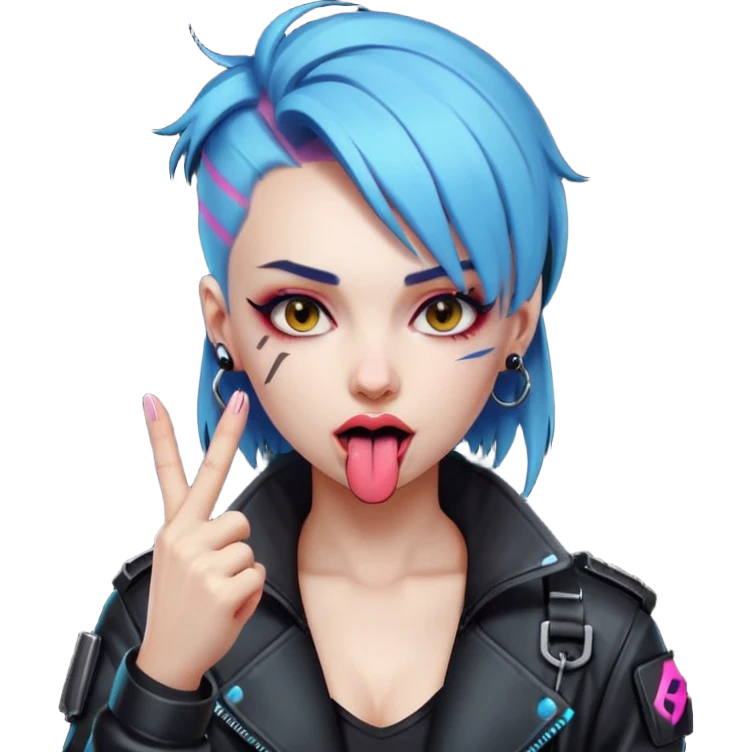 Woman with her tongue out in cyberpunk clothing and giving the middle finger. Looking naughty. emoji