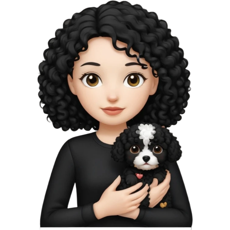 Moça branca com cabelo cacheado preto. Roupa preta e Com um cachorro no colo emoji