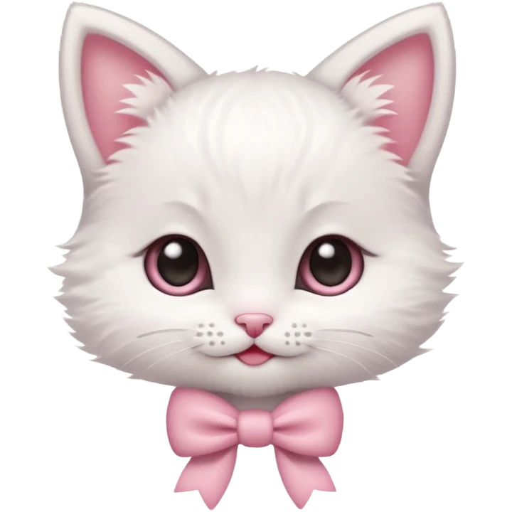 A tiny white kitten with innocent eyes, rosy pink cheeks, and an adorable smile, sporting a dainty pink bow on its head emoji