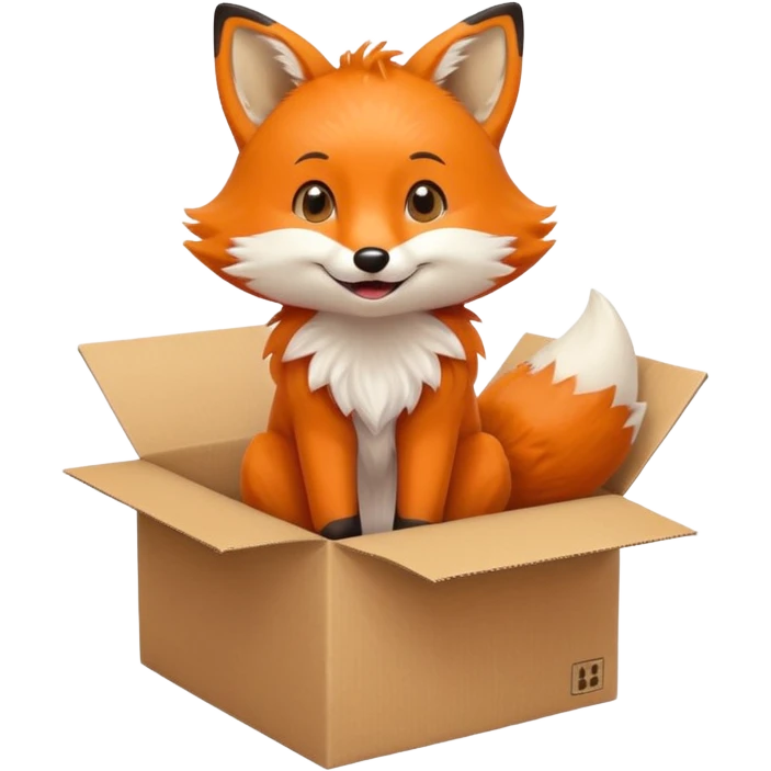 cute fox sitting in a cardboard box, looking up with a joyful expression, emoji style emoji