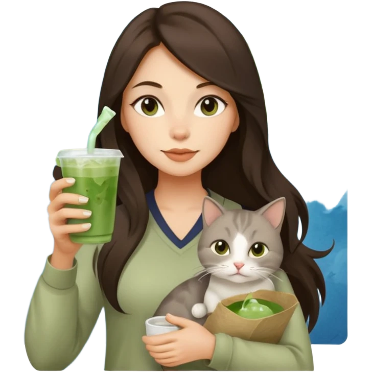 a brunette woman with long hair in here 30S drinking an iced matcha, carrying a grey cat and a map of the world emoji