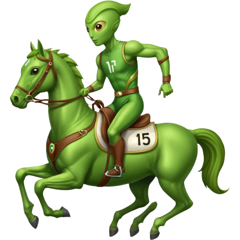 alien riding horse wearing racing cloth with number 15 emoji