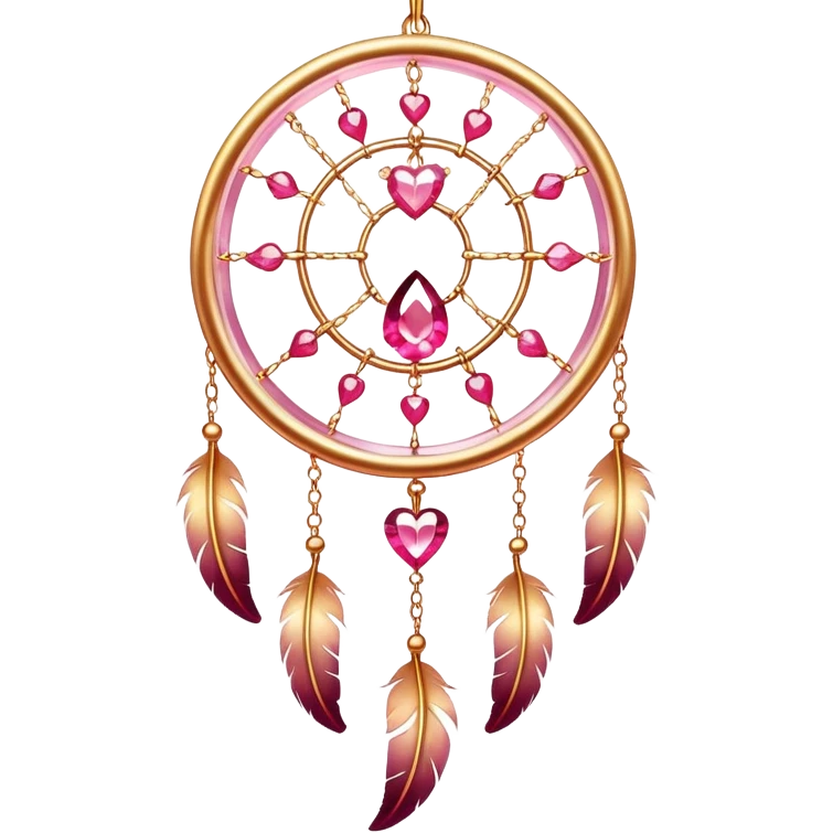 Reddish-pinkish and golden warm-colored romantic lush beautiful pretty hanging crystal-catcher aesthetic with hearts and sparkles and feathers emoji