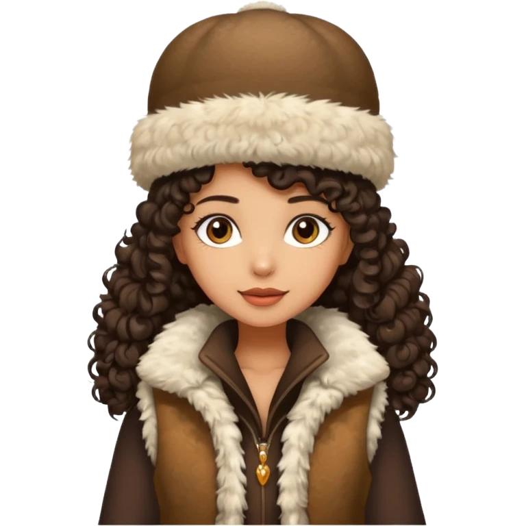 "A girl with curly dark hair 👩🏻‍🦱, wearing a fur hat 👒🦊 and a fur vest 🧥, standing in the snow ❄️ with pine trees 🌲 in the background, holding a Bashkir dombyra 🎶. Emoji style." emoji