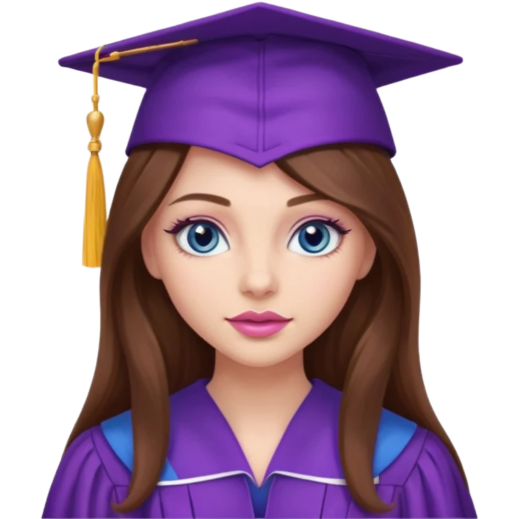 girl with gorgeous long brown hair, blue eyes, long lashes makeup, sexy pink lips, wearing a purple graduation cap and gown emoji