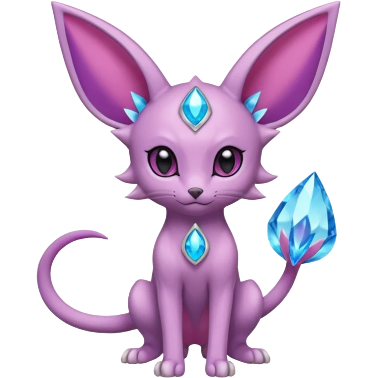 Espeon pokemon, pastel purple body color, dark pink jewel middle of forehead only, end of tail split in two, ear like flaps coming out 
of each cheek, inside of big pointy ears is blue
 (full body) emoji