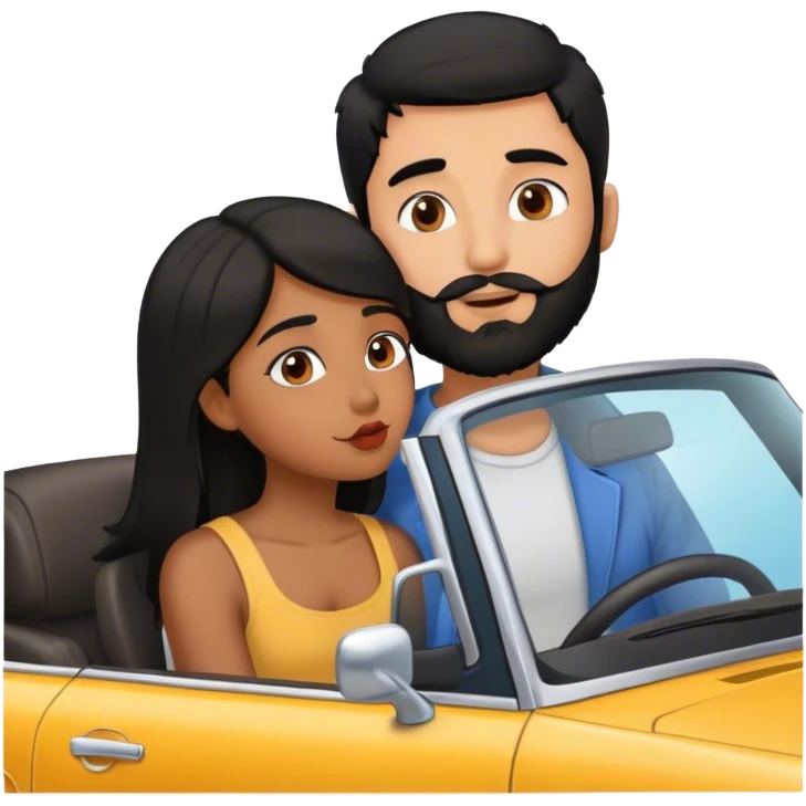 brown girl with black hair kissing boy with black  hair  and beard in  car kissing  emoji