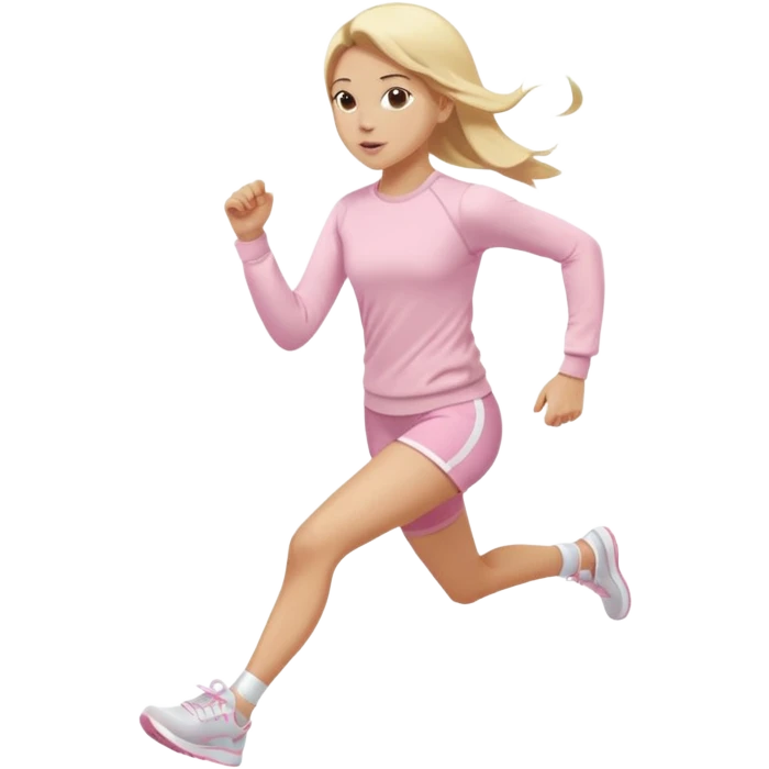 A girl in light pink tight-fitting sportswear, a long-sleeved fitted sweatshirt and shorts is running, her hair is long, blonde, and straight, wearing white sneakers. emoji