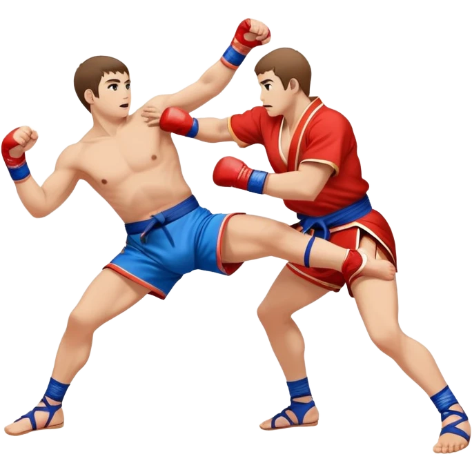 An icon symbolizing Sambo, featuring two fighters in blue and red kimonos with shorts and wrestling shoes. One executes a powerful throw, while the other attempts a defensive grab. The fighters are engaged in a grapple, using joint locks and sweeps.  emoji