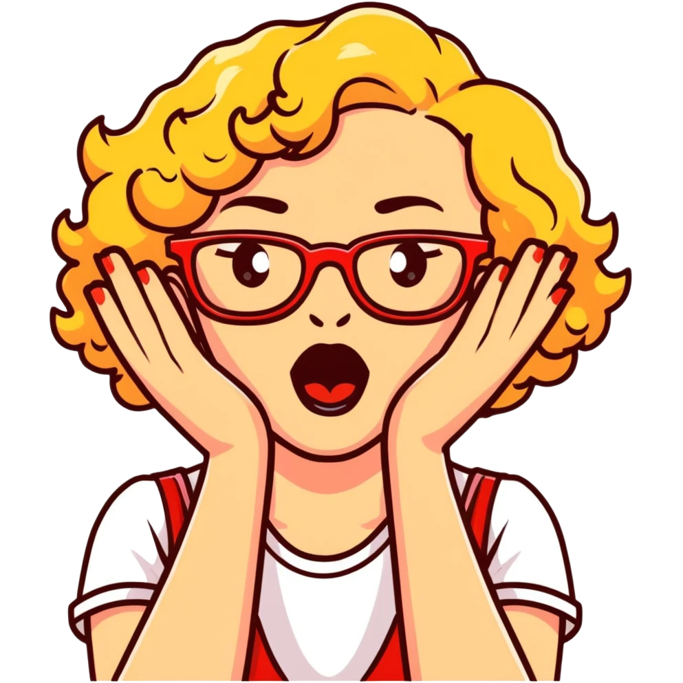 Blonde woman with short curly hair, slightly overweight, wearing red-framed glasses, shouting with hands on both sides of her mouth emoji