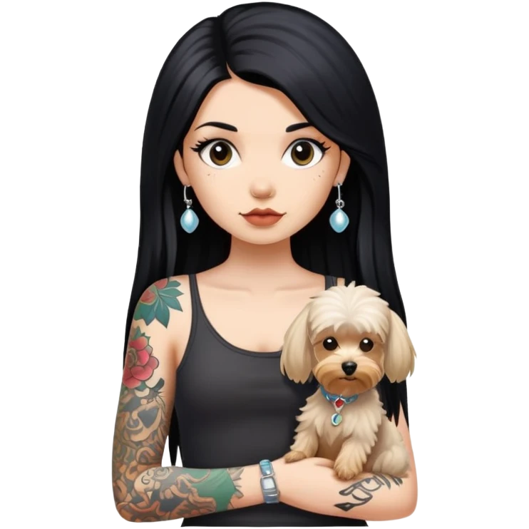 girl with long black  straight hair and tattoos and white Yorkshire and poodle emoji