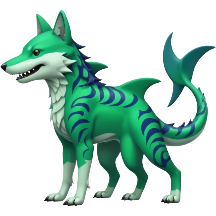 Edgy cool badass Neon-green landhai-sergal-wolf-canine, with a shark tail, with black and dark-green swirly patterns markings emoji