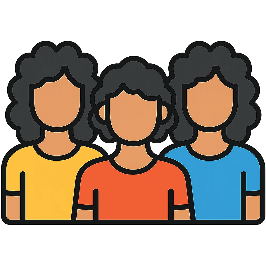 Three women with curly hair standing together, two with shoulder-length black curly hair and one with short black curly hair emoji