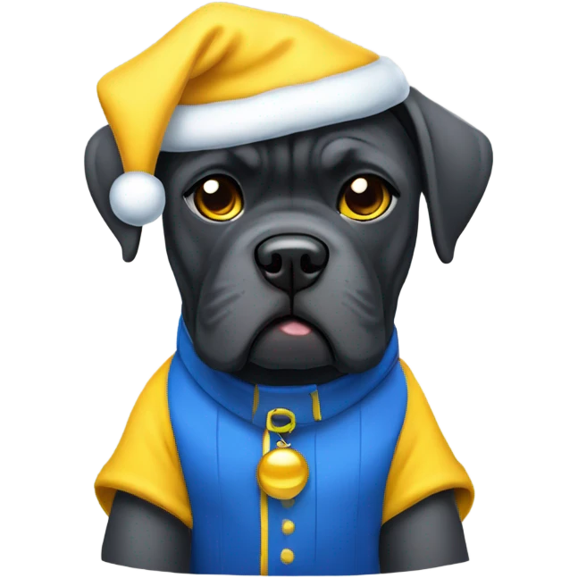 Cane Corso is a blue and yellow Santa Claus outfit. emoji