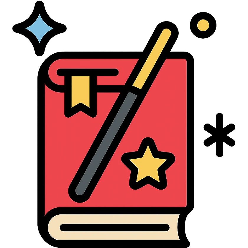 magical book with a wand and colorful accents, color icon style emoji