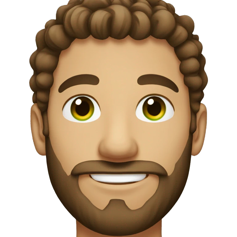Man with brown curly hair in a bun and brown beard and green eyes emoji