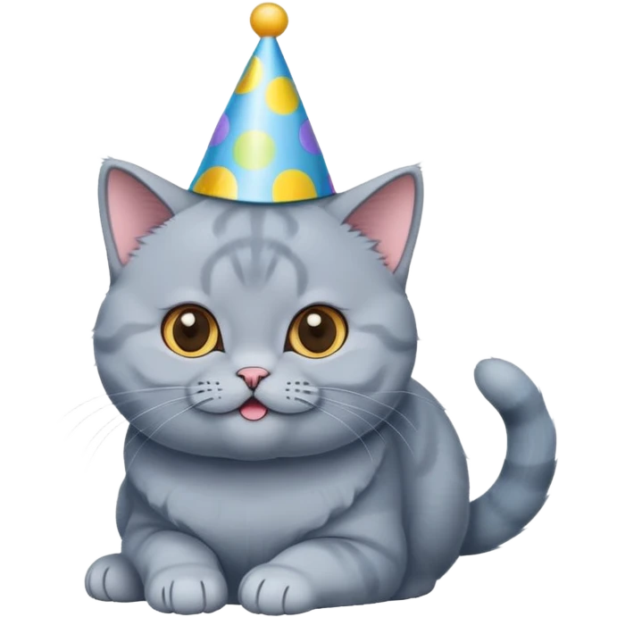 British shorthair blue cat happily wears a birthday hat emoji