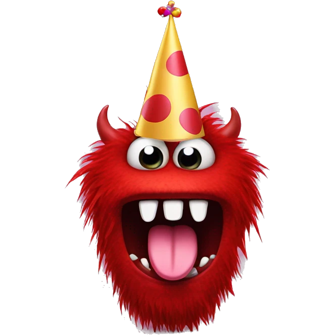 red monster with tongue out wearing party hats emoji