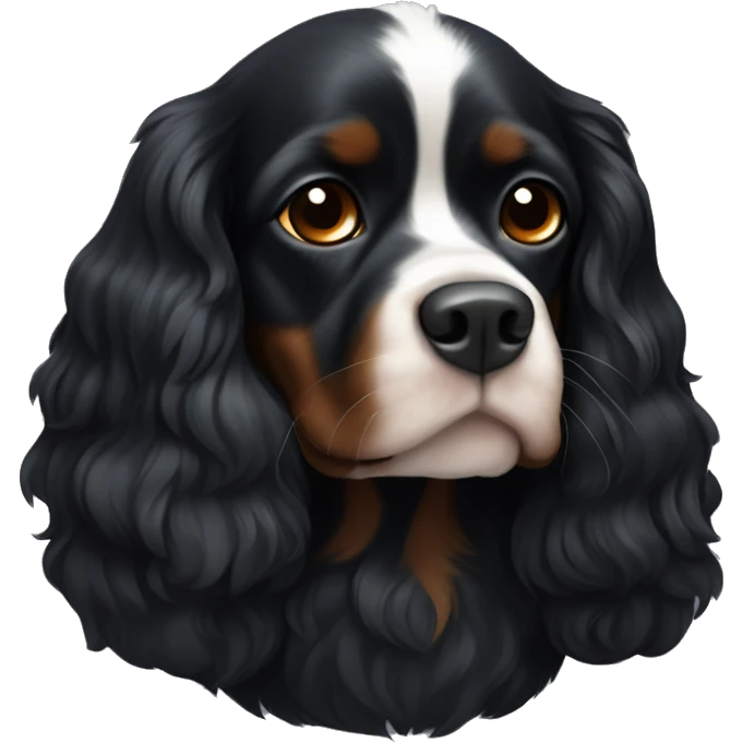 Small completely black king spaniel with black fur on his whole face and white stripe on chest emoji