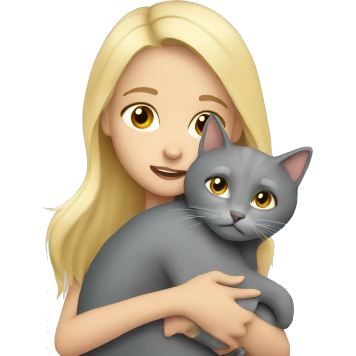 blonde girl hugs gray cat emoji