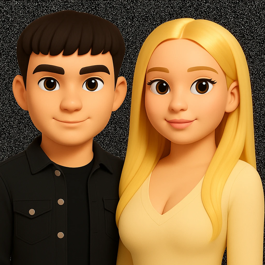 Slightly increase the volume of the upper body of the girl, slightly turn her to face forward, and make the skin color uniform. Maintain the cartoonish 3D style as in the reference image. emoji