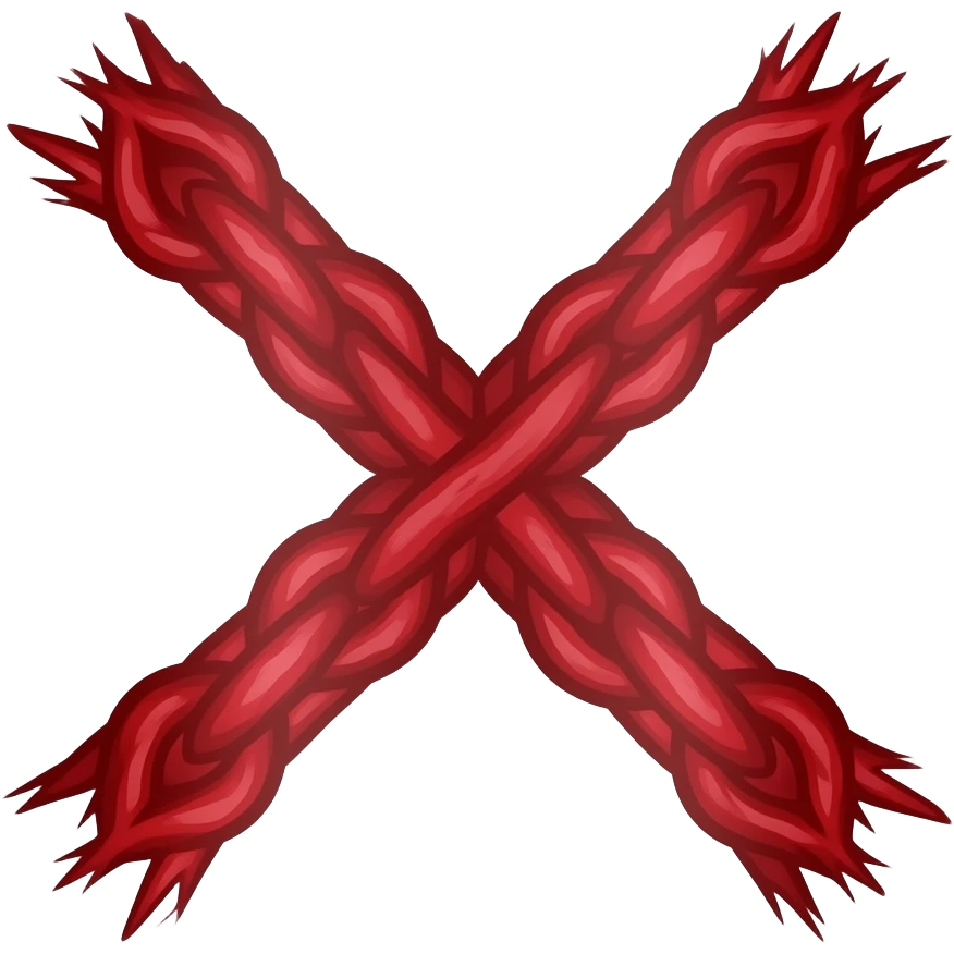 A white banner featuring a prominent, red 'X' shape. This 'X' is a Cross of Burgundy, which is a jagged saltire with rough edges like knotted branches. Do not show a straight cross. 17th century historical military style, battle-worn texture. emoji