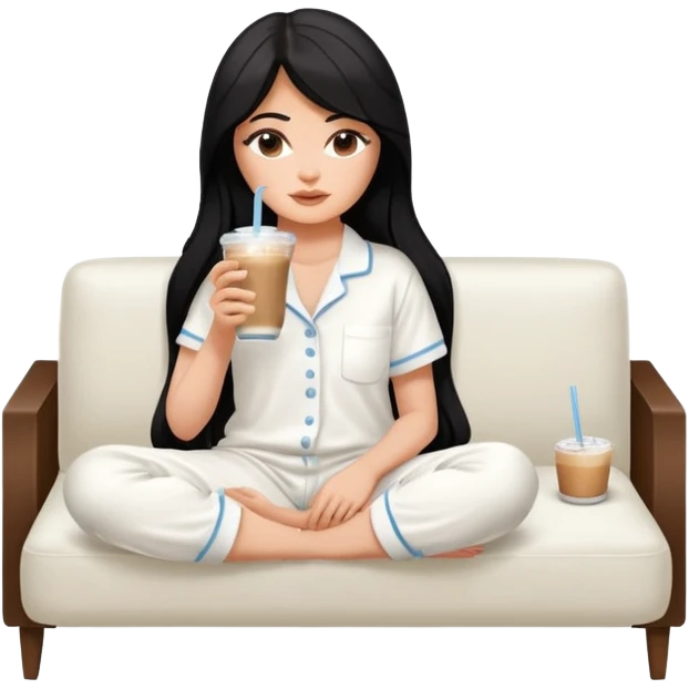 Kylie Jenner with her sexy face and long hair, make it 1 tone lighter,sitting learning on macbook watching the screen the laptop, she wears a white Skims pajama and she's drinking 1 tasty iced latte with a straw and sitting on a white sofa emoji
