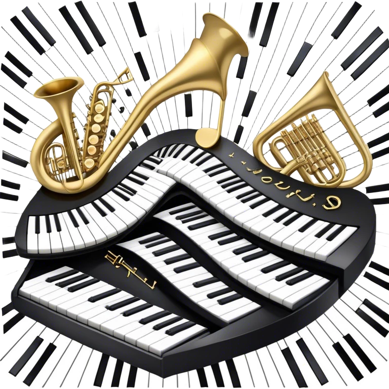 Create a detailed and elegant emoji collage representing keyboard instruments in a celebratory and professional style, reminiscent of a coat of arms. The design should feature a central arrangement of black and white piano keys, forming a symmetrical, powerful image. Around the keys, include a flowing ribbon of musical notes that intertwines with the keys, creating a sense of movement and harmony. Use gold and silver accents to highlight the keys and musical notes, giving the design a festive, high-quality appearance. The design should convey professionalism, elegance, and a sense of occasion. Add subtle reflections on the piano keys to enhance the polished look. The background should be transparent. emoji
