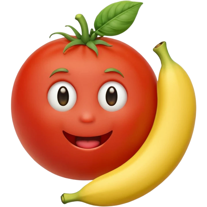 A cute tomato with a face eating a banana emoji