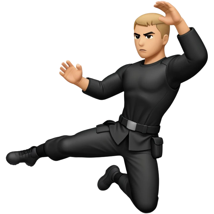 A tactical Krav Maga figure in black uniform, blocking an attack with a defensive arm motion, serious expression, symbolizing real-world combat, minimal but strong design emoji