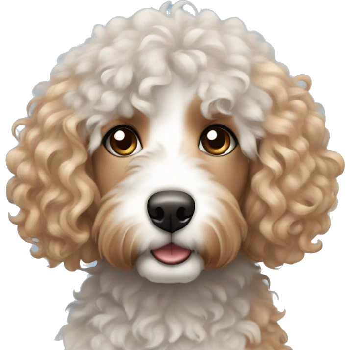 Curly haired white strawberry blonde female with blue eyes and a grey bernedoodle with a blue and brown eye emoji