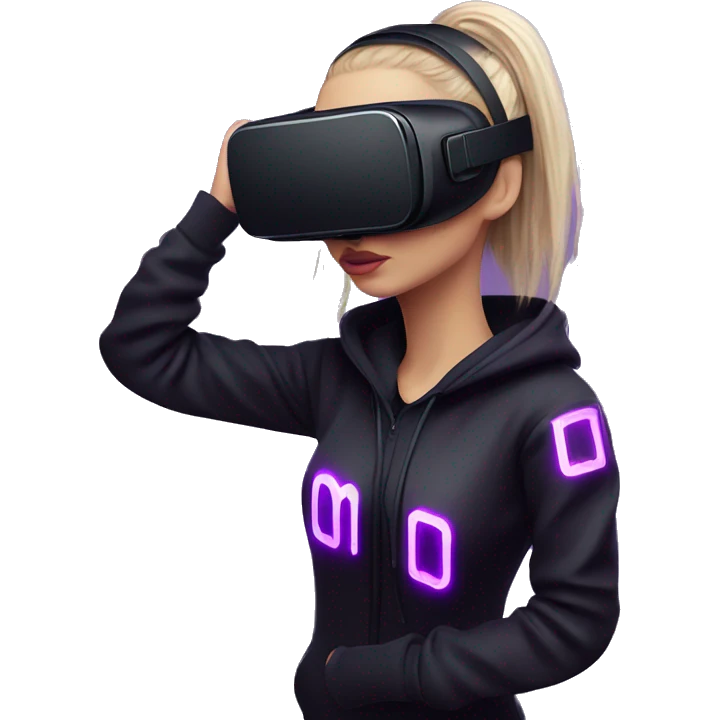 Russian girl wearing black hoody with violet letters "OMG", in vr headset. Cyberpunk style. Violet neon. emoji