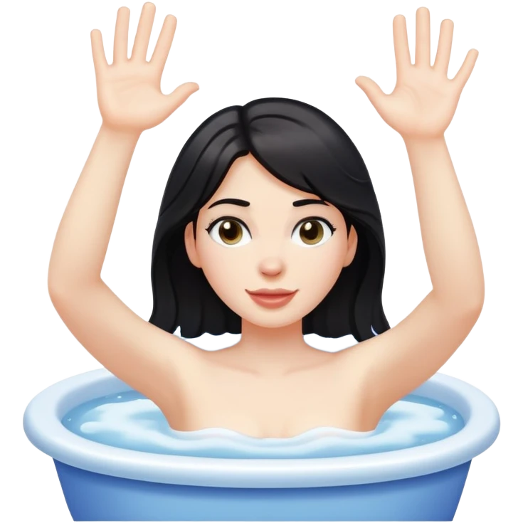 Dark-haired woman in bubbling water with one hand raised high and other hand on tub rim emoji